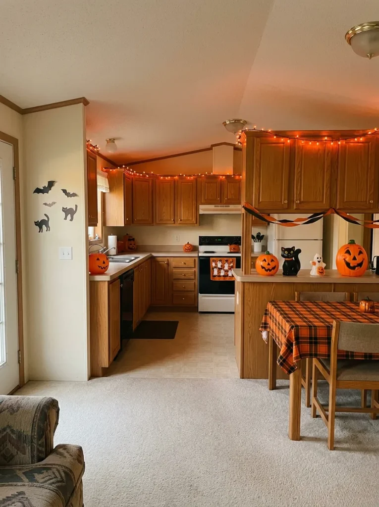 90s Halloween mobile home living and kitchen area with orange lights, pumpkin decor, honey-oak cabinets, and clear connected sightlines.
