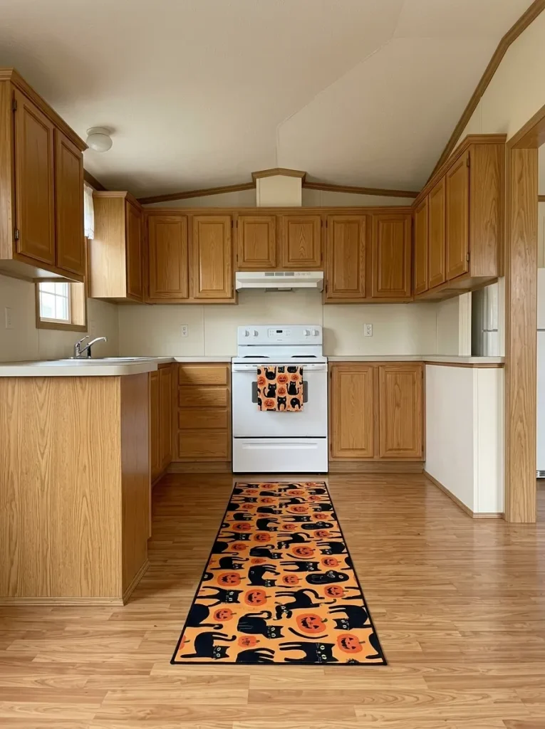 Replacing everyday textiles with Halloween versions adds a large visual change while preserving the compact kitchen's usable surfaces.