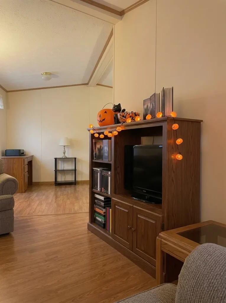 Keeping the media nostalgia to one shelf creates a believable 90s Halloween movie-night corner without overwhelming the living room.