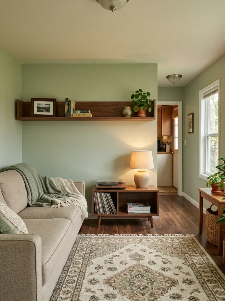 Cozy mobile home living room with a sparse shelf holding meaningful objects, varied shapes and visible breathing roo