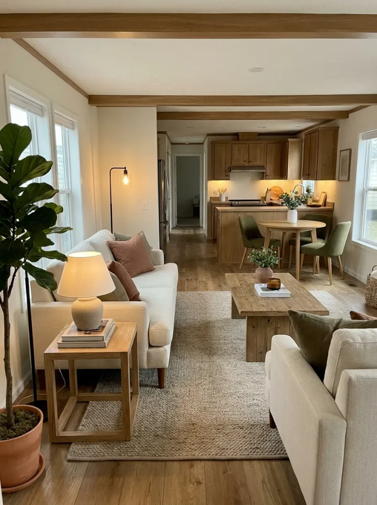Open mobile home living room softly separated from the adjoining area by a lamp, plant and light side table.