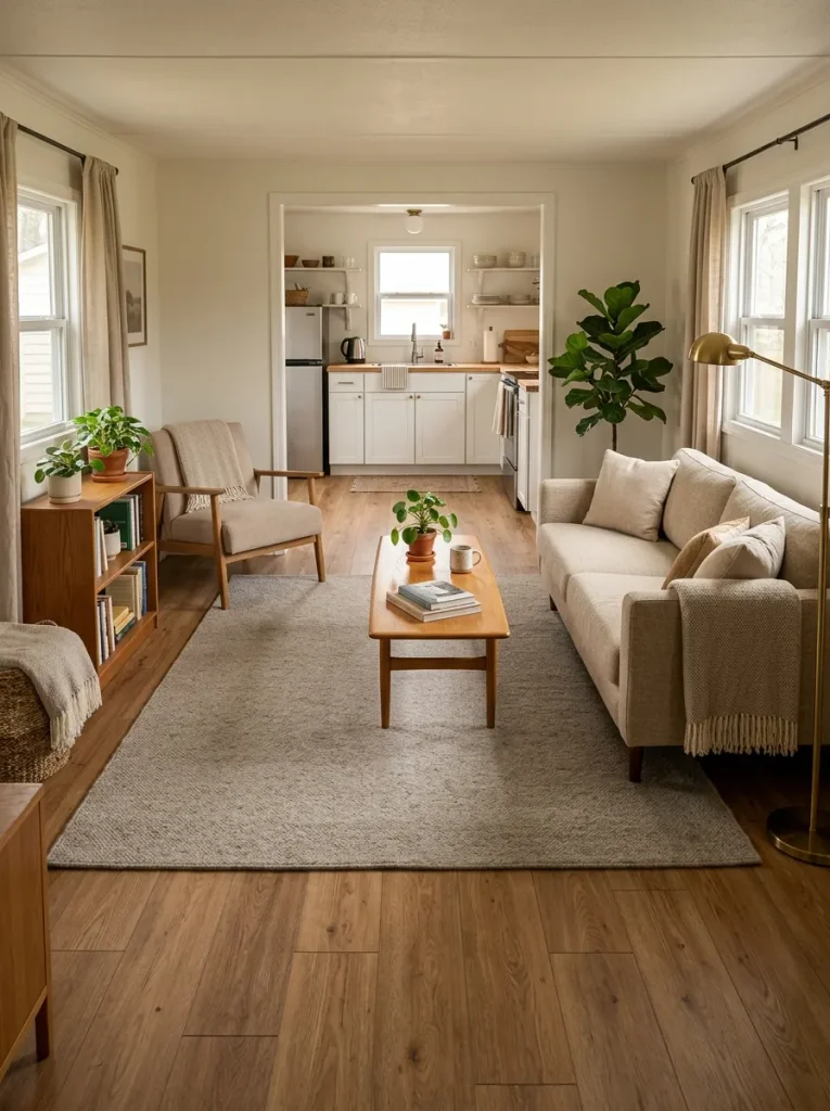 Small mobile home living room with a low-contrast greige rug blending gently with warm wood-look flooring.