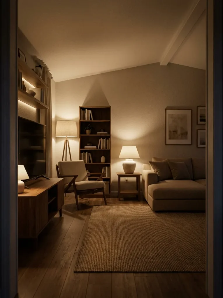 Mobile home living room at night with warm lamps illuminating a wall, corner, and media area to preserve visual depth.