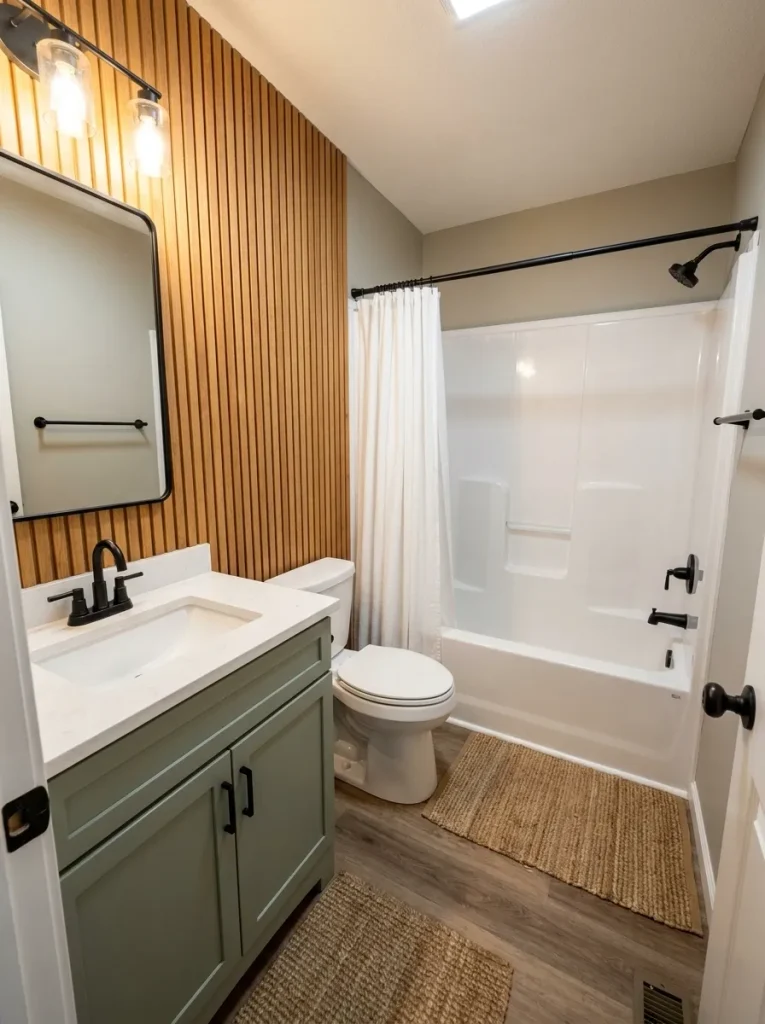 Wood accent wall placed beside the vanity and away from the direct shower zone in a mobile home bathroom.
