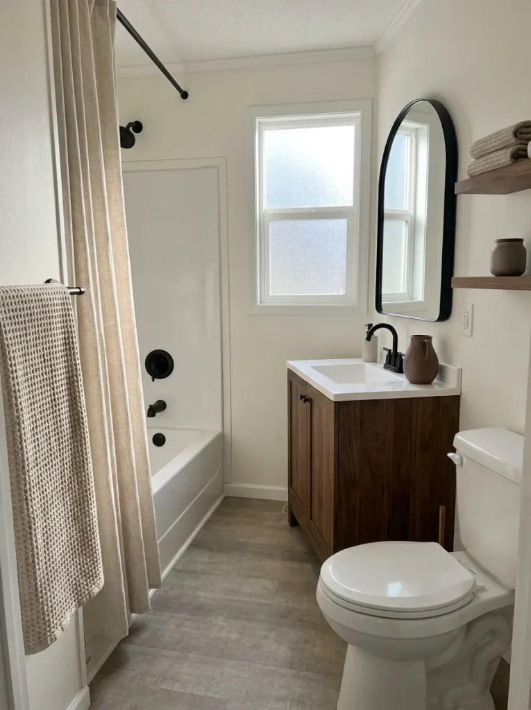 Neutral mobile home bathroom layering linen-look fabric, waffle towels, walnut grain, and matte ceramic against smooth white fix