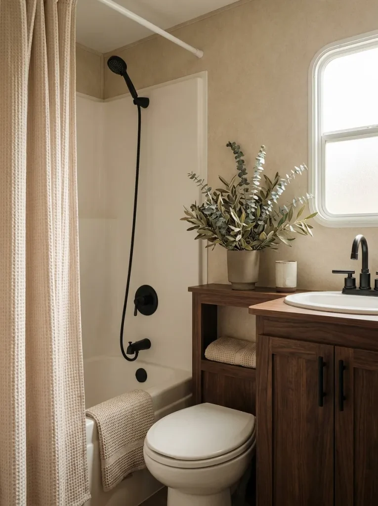 Warm neutral mobile home bathroom with one muted olive botanical accent breaking up oatmeal, mushroom, and walnut tones.