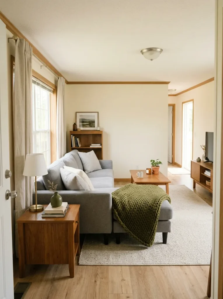 Gray and white mobile home living room warmed by a restrained muted olive mid-tone and natural wood.