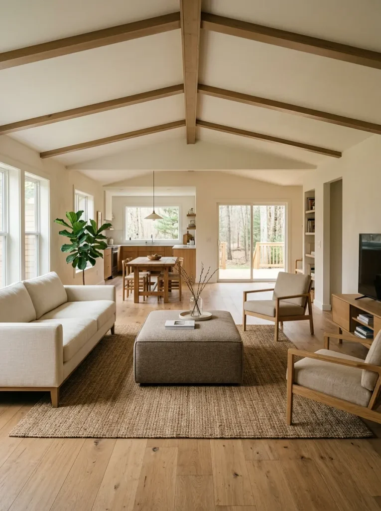 Substantial upholstered ottoman grounding a seating area while clear circulation remains around it.