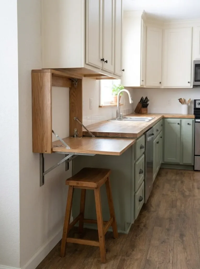 Compact fold-down work surface at the edge of a small mobile-home kitchen with a clear walking route beyond it.