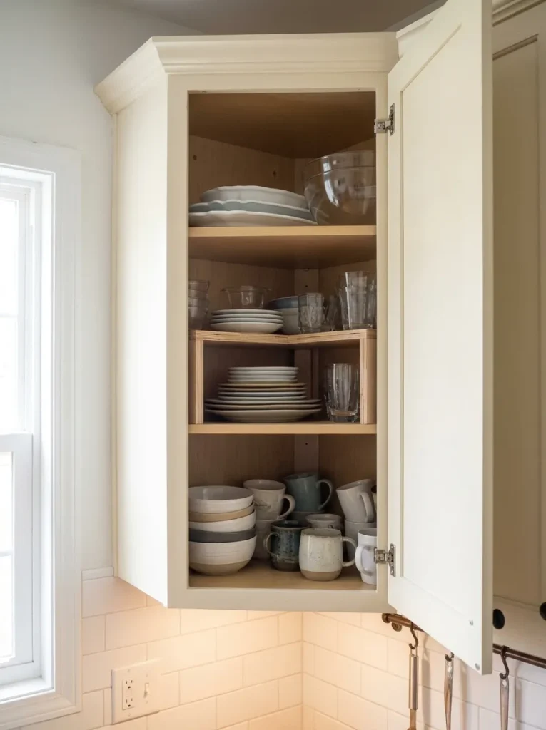 Open upper kitchen cabinet using a second shelf level to store daily dishes below and occasional lightweight pieces above.