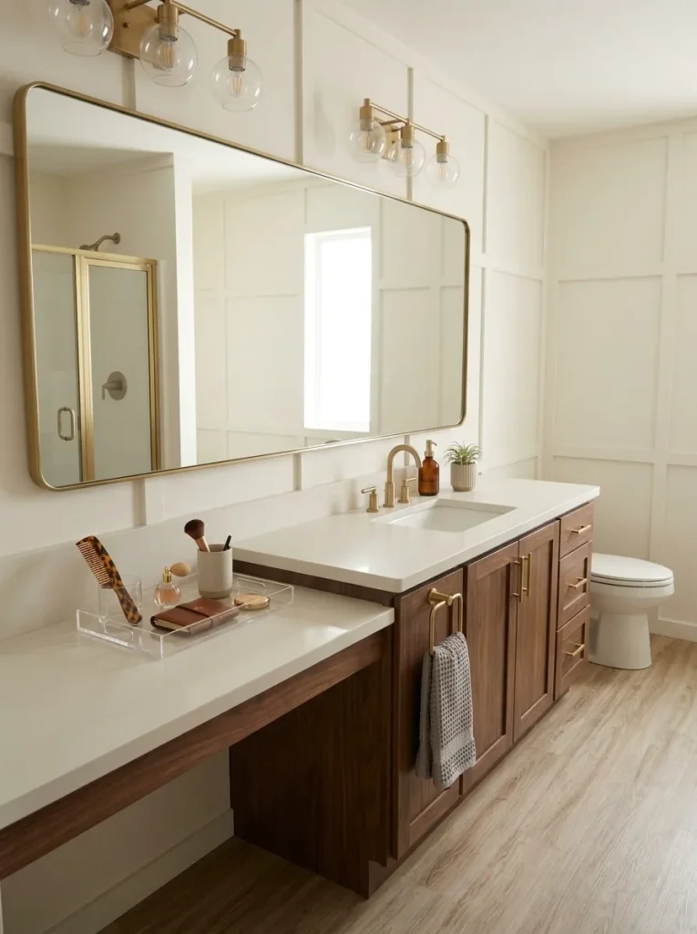 Long single-sink vanity in a mobile home bathroom providing extra counter and storage instead of a second basin.