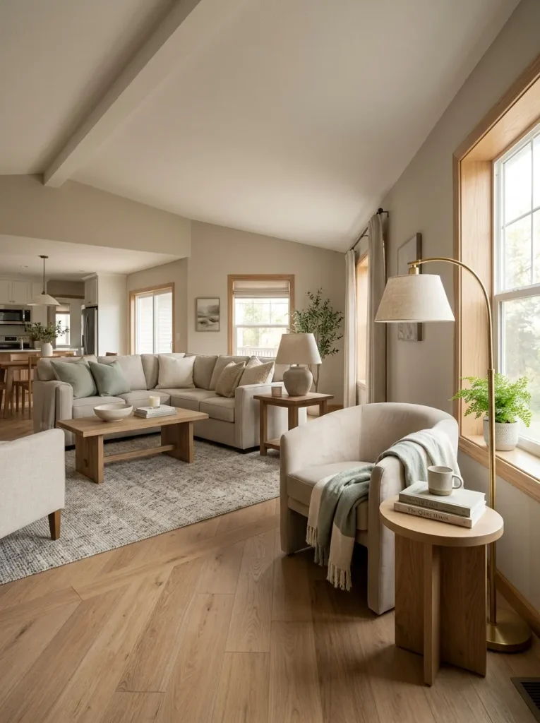 Large living room with a main conversation group and separate reading nook divided by open floor.