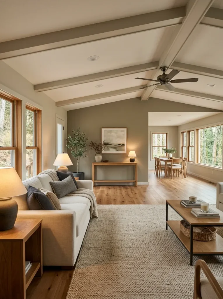 Long double-wide room with a muted midtone far wall that visually shortens the space.