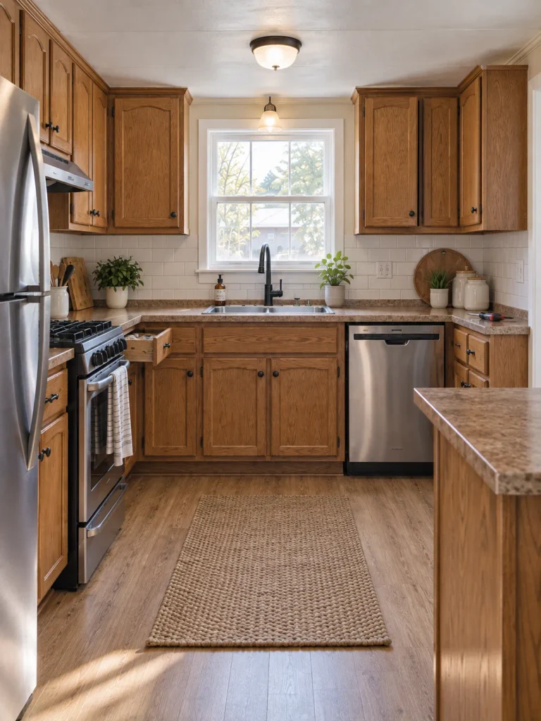 Straight-on view of a mobile home cabinet run showing mostly aligned doors with one drawer and upper door still slightly uneven.