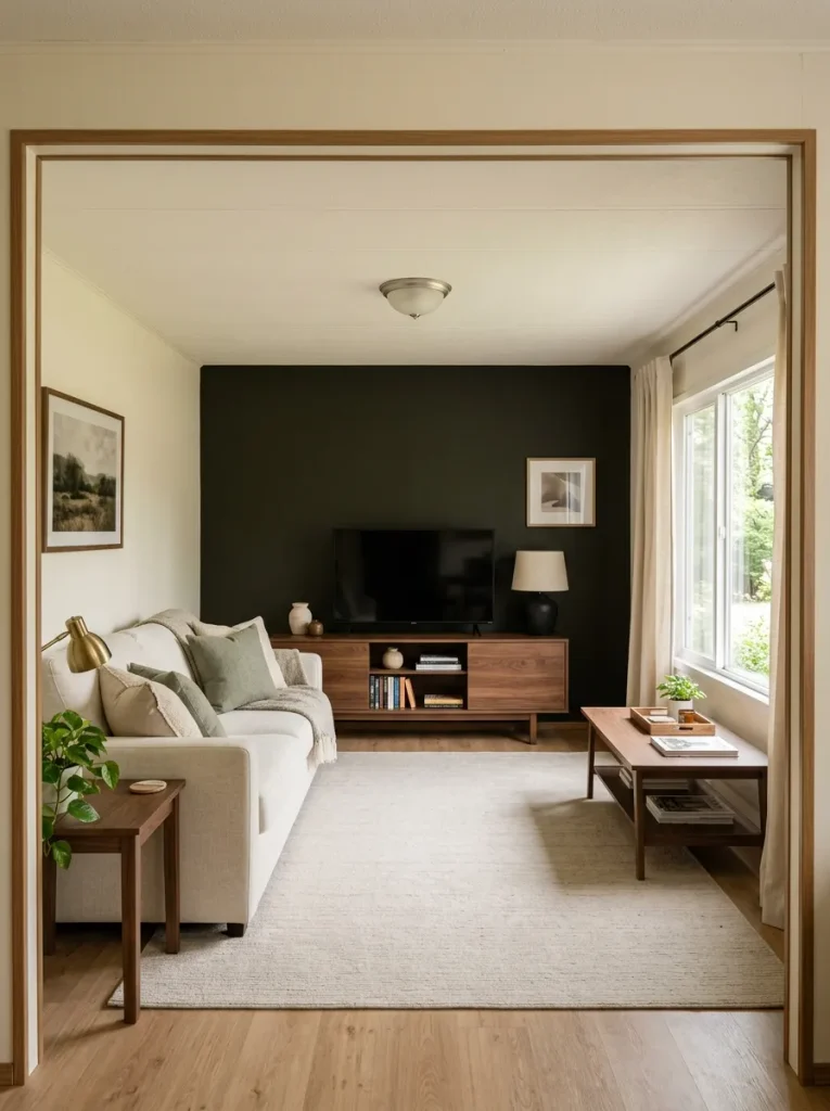 Mobile home living room with one dark olive focal wall balanced by light seating, curtains and surrounding surfaces.