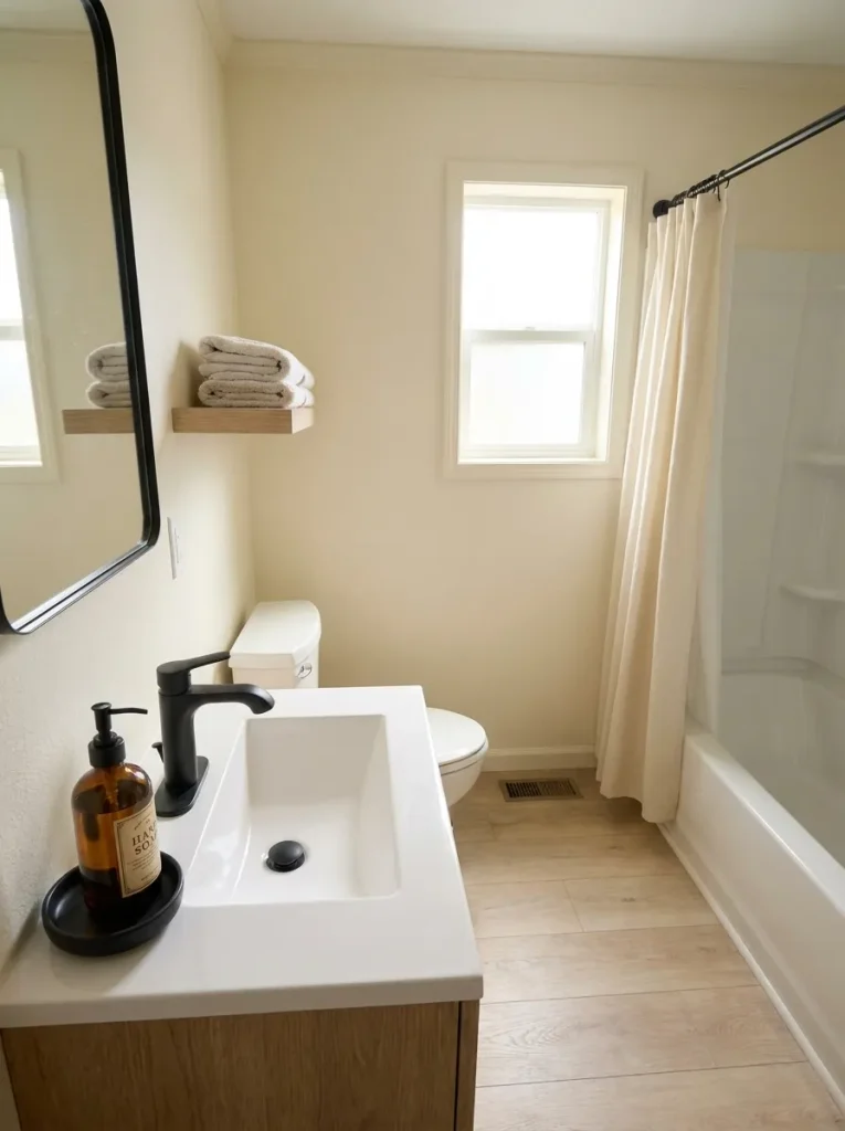 Elevated view of an amber hand-soap dispenser on a black dish beside a small bathroom sink.