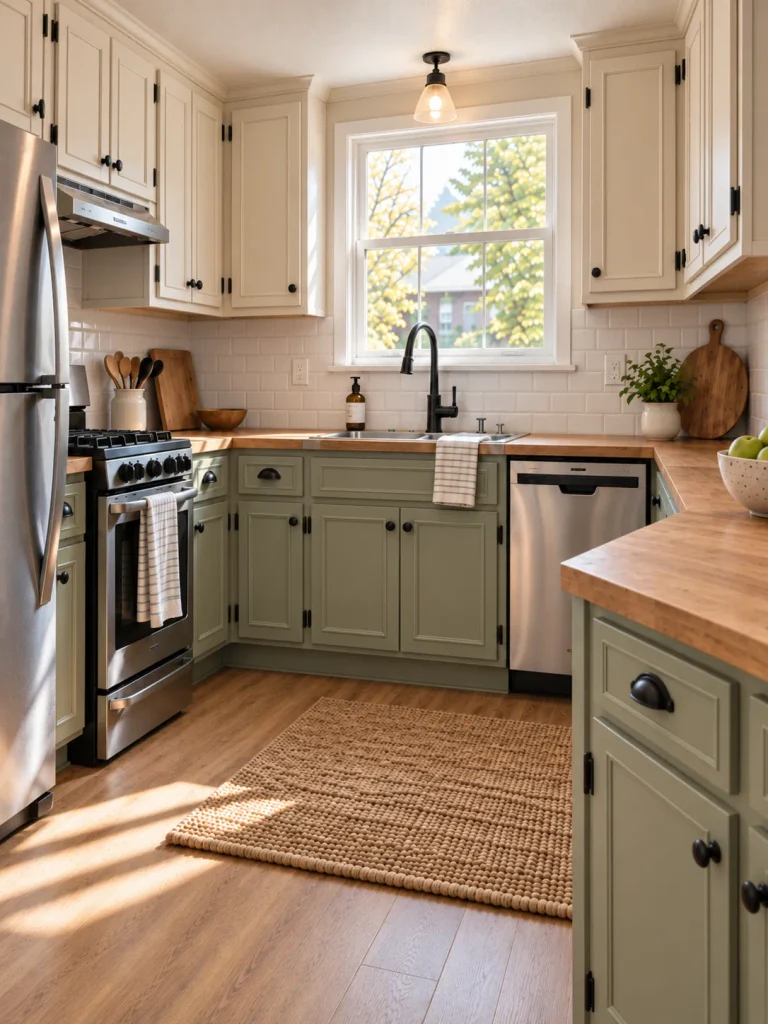 Mobile home kitchen with retained flat cabinet doors upgraded using narrow low-profile rectangular trim.