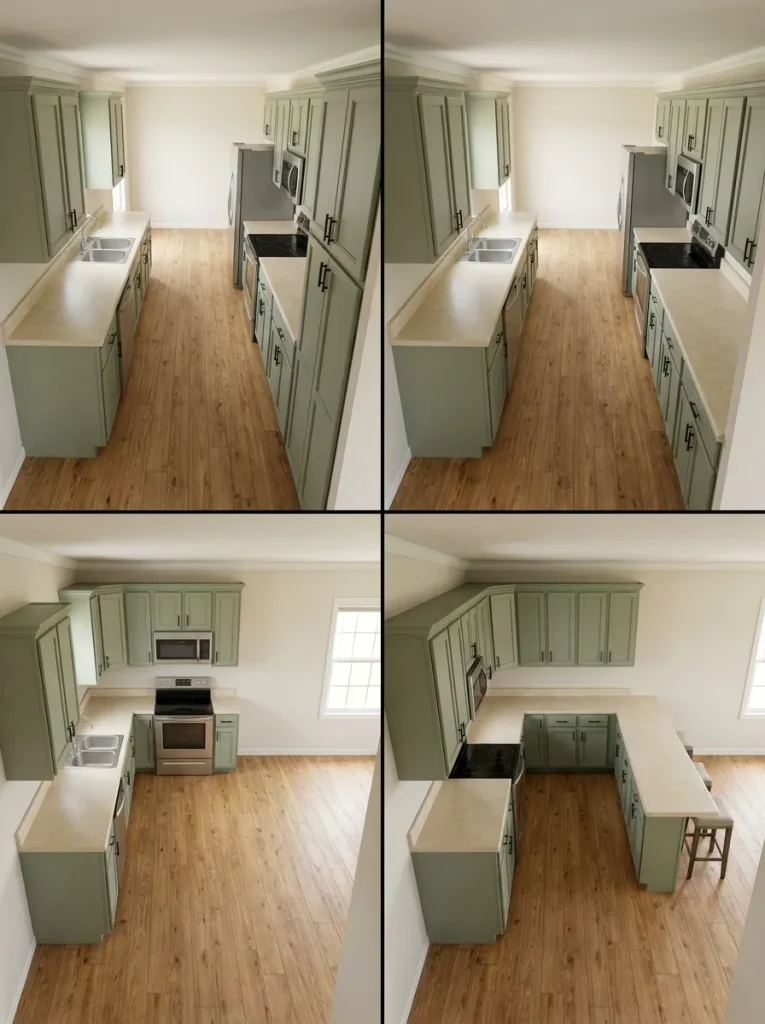 Four conceptual single-wide kitchen layouts showing galley, one-wall, L-shaped and peninsula configurations.