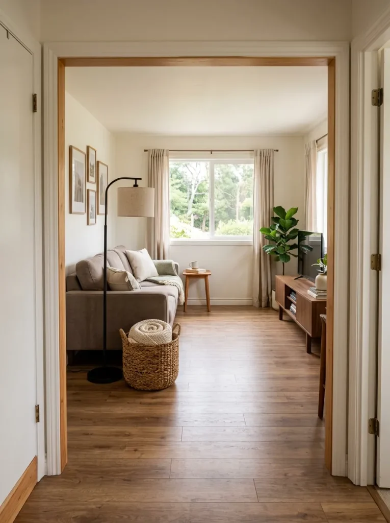 Small mobile home living room with basket, planter, and lamp grouped closely with existing furniture instead of floating on the floor.