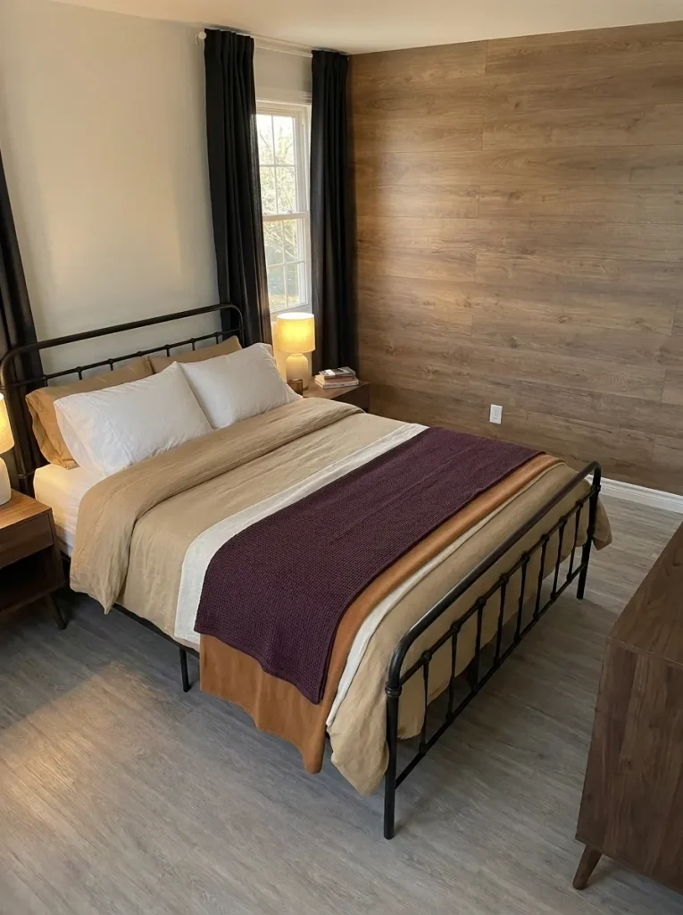 Elevated evening view of bone bedding with camel and aubergine layers beside dark curtains and bedside lamps.