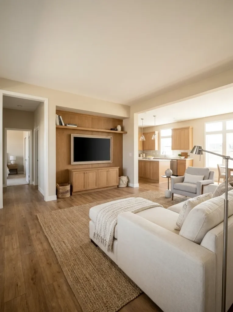 Asymmetrical mobile home living room balanced around a hallway opening, focal wall, seating group, and connected kitchen.