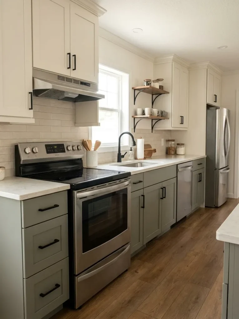 Muted green mobile home kitchen using black cabinet pulls, faucet, and shelf brackets as restrained connecting accents.