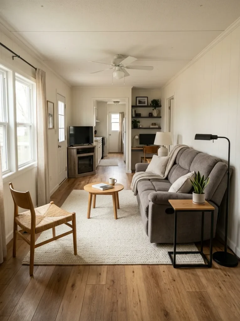 Deep sofa in a narrow mobile home living room balanced by slim tables, light furniture and visible floor.