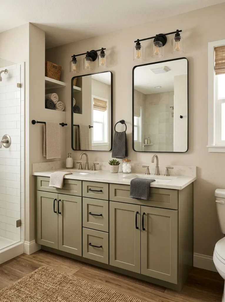 Double wide bathroom vanity with coordinated mirror, light, faucet and hardware.