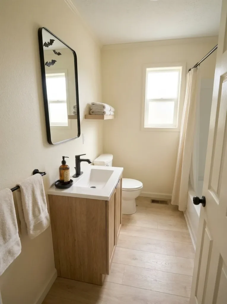 Near-frontal vanity view with three black bats at the mirror’s upper corner and its center left clear.