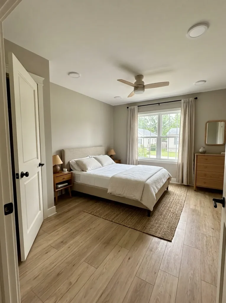 Updated double wide bedroom with refreshed walls, flooring, door and simple bedding.