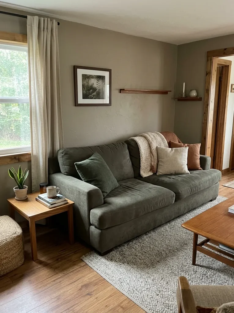 Dark olive-gray sofa blended against a similar-value greige wall in a small mobile home living room.