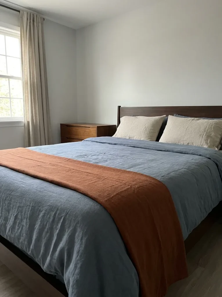 Blue-gray duvet with linen pillows and a narrow burnt-sienna throw viewed diagonally toward the bedroom window.