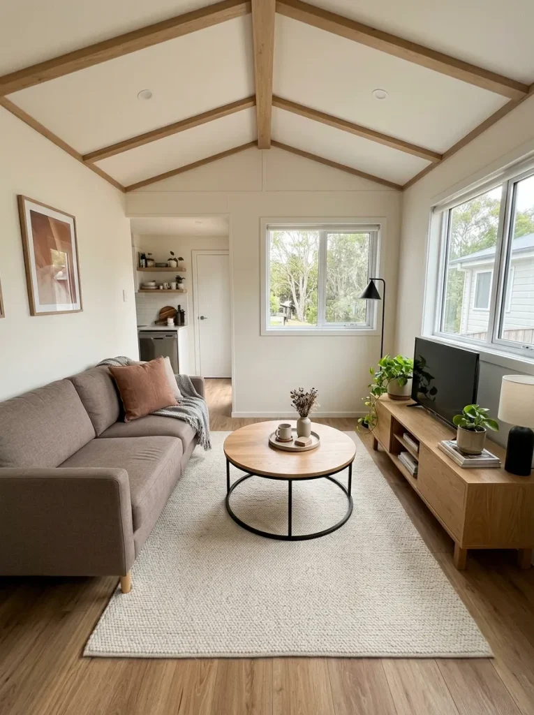 Rectangular mobile home living room softened by one round upholstered ottoman with clear walking space around it.