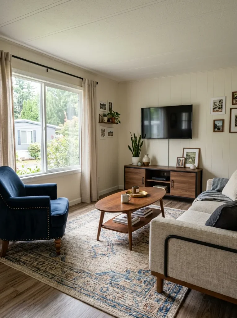 Mobile home living room combining different furniture styles through repeated warm wood and black metal finishes.