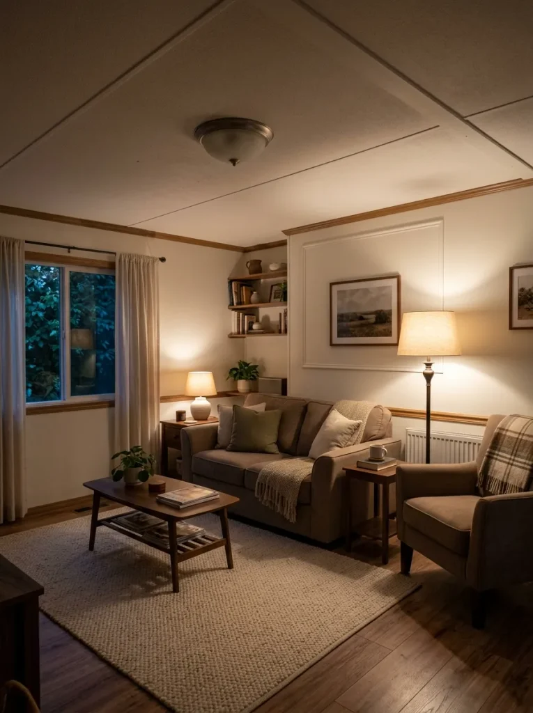 Low-ceiling mobile home living room lit mainly by warm table and floor lamps around the seating area.