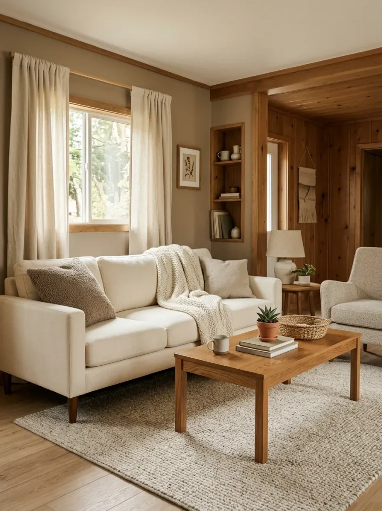 Small mobile home living room layering linen, boucle, knit, woven texture, and wood within a close neutral palette.