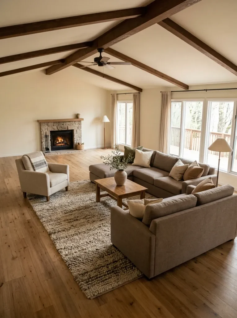 Cozy central seating with progressively simpler furnishings and quieter surfaces toward the room perimeter.