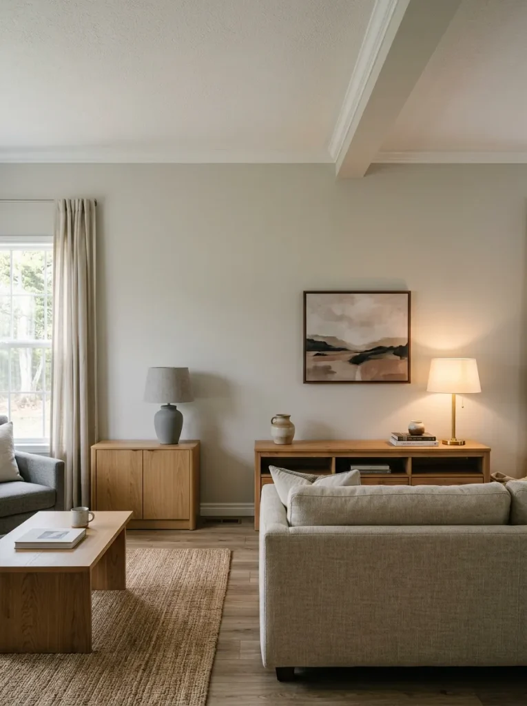 Wide living-room wall with sofa, console, lamps, and art forming a calm mid-height visual line.