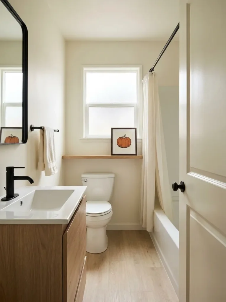 Oak vanity in the foreground with a small burnt-orange pumpkin illustration on the bathroom shelf beyond.