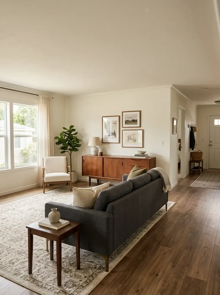 Double-wide living room using one substantial vintage wood cabinet as a high-impact secondhand anchor.