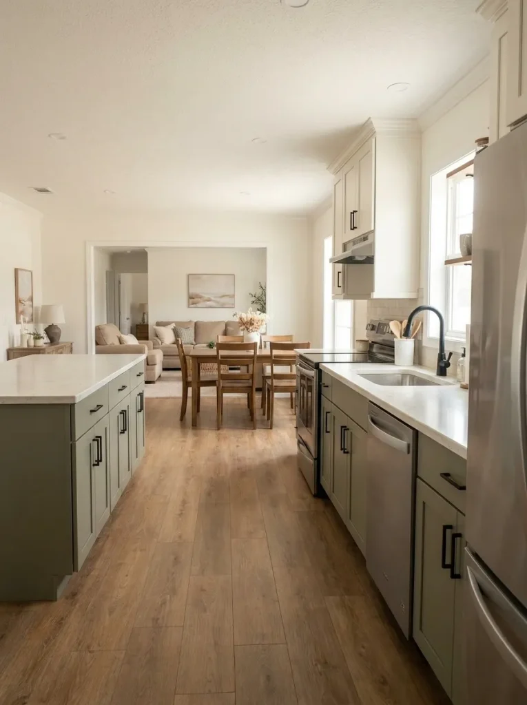 Mobile home kitchen with muted olive-mushroom cabinetry coordinated with warm wood flooring, pale counters, and the adjoining living area.