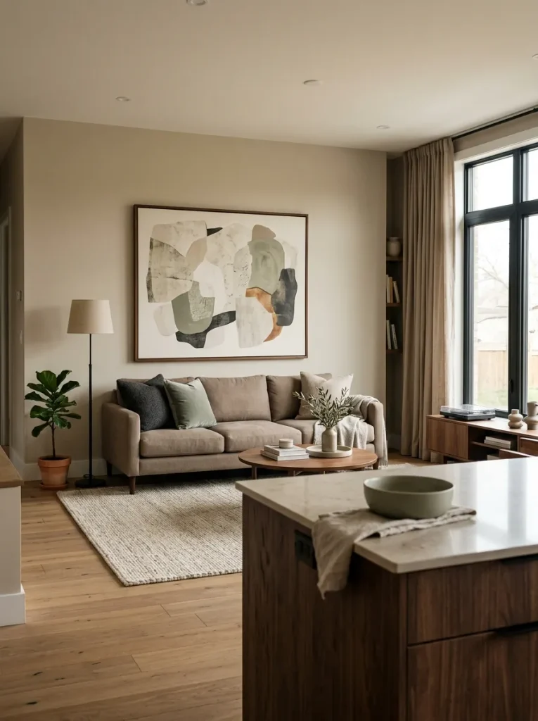 View from the kitchen toward a double-wide living room with one calm focal backdrop and restrained supporting décor.