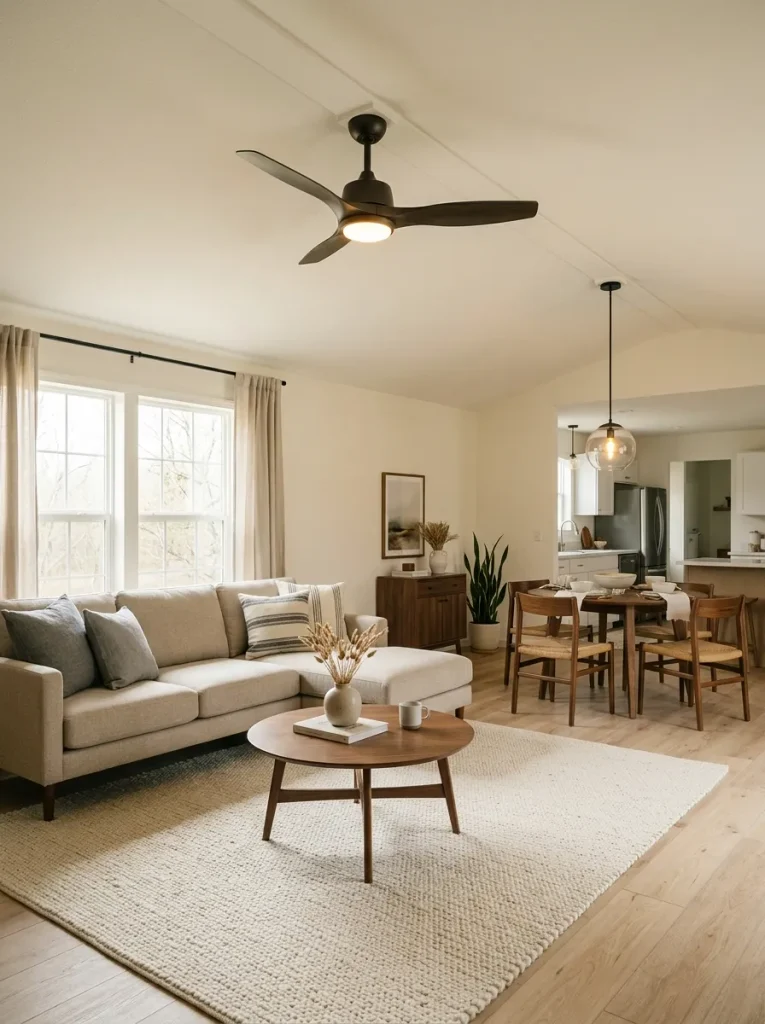 Living-room ceiling fixture aligned with the seating group while a separate dining fixture identifies the adjacent dining zone.