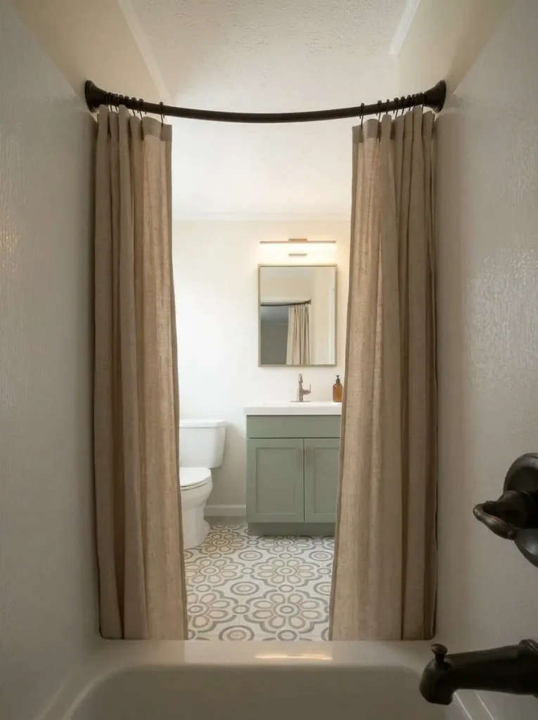 View from inside a small tub showing a gently curved shower rod and the tight dry-side clearance beyond it.