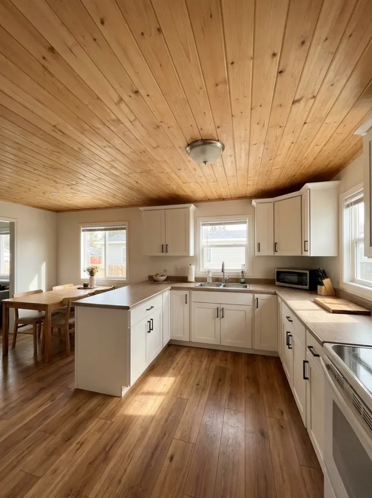 Compact mobile home kitchen with a clean warm wood ceiling plane and restrained lighting continuing toward the dining area.