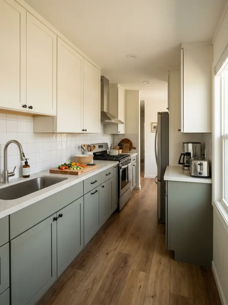 Narrow mobile home galley kitchen with one uninterrupted prep counter between the sink and range and appliances moved aside.