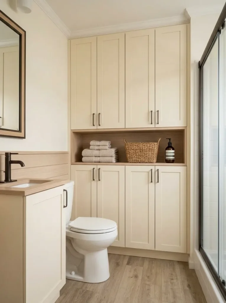 Bathroom storage wall with closed cabinets and one open shelf band for towels and decorative storage.