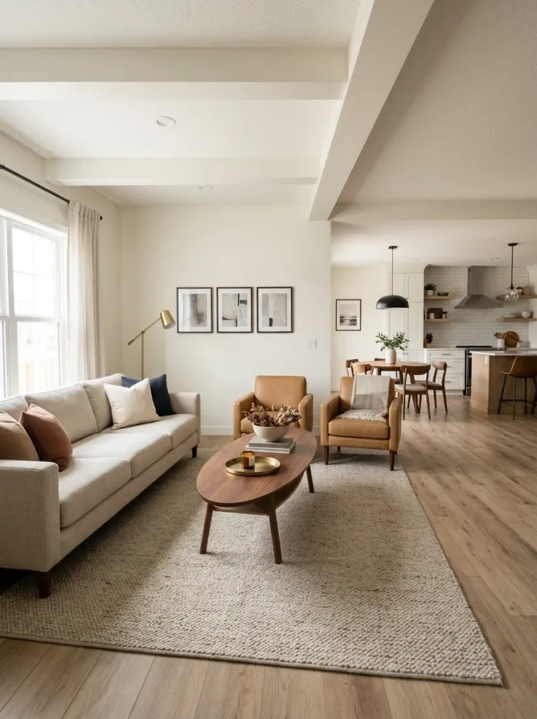 Coffee table centered between the sofa and chairs of a double-wide living room even though the larger open room extends farther toward dinin