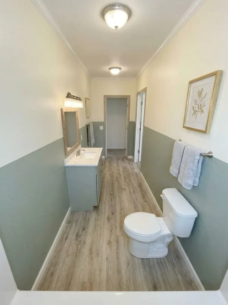High-angle view showing how toilet projection relates to the vanity, doorway and walking path.