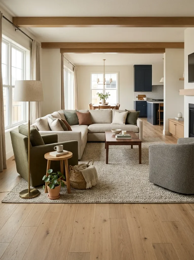 Side table, floor lamp and small accessories contained within the seating footprint of an open double-wide living room.